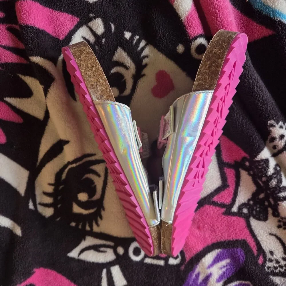 Justice Holographic Rainbow Double Strap Slide Sandals Silver Sz 4 Summer Beach